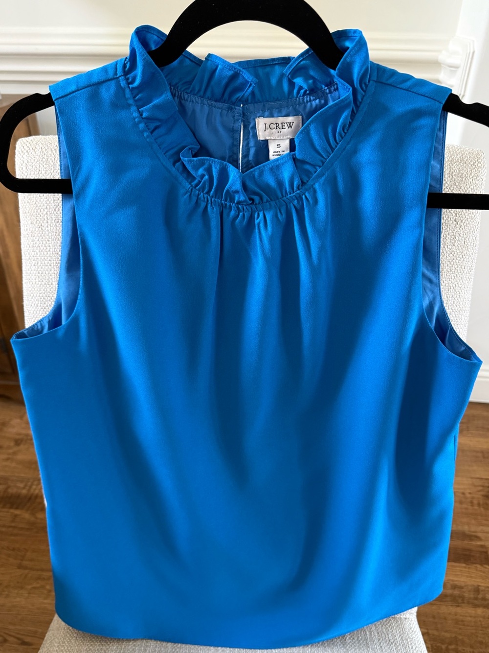 J. Crew Bright Blue Sleeveless Ruffle-Neck Top